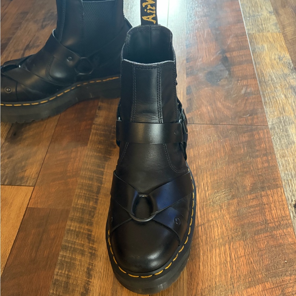 Dr. Martens Black Leather Quad Harness Platform Unisex Boots - Picture 2 of 11